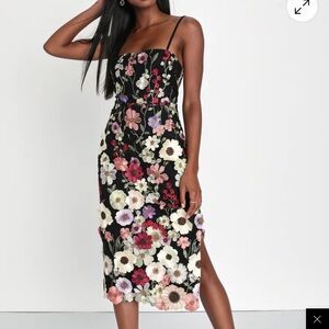 Lulus Thriving Energy Black 3D Floral Embroidered Lace Up Back Dress